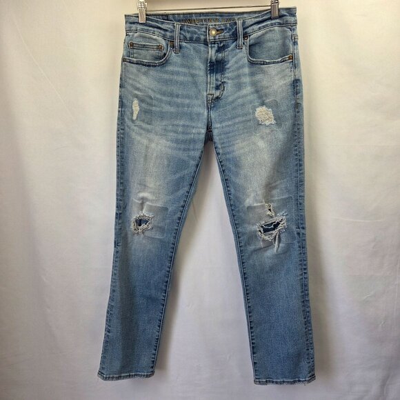 American Eagle Slim Straight Light Wash Distressed Mens Jeans Size 32x28 - Picture 1 of 14